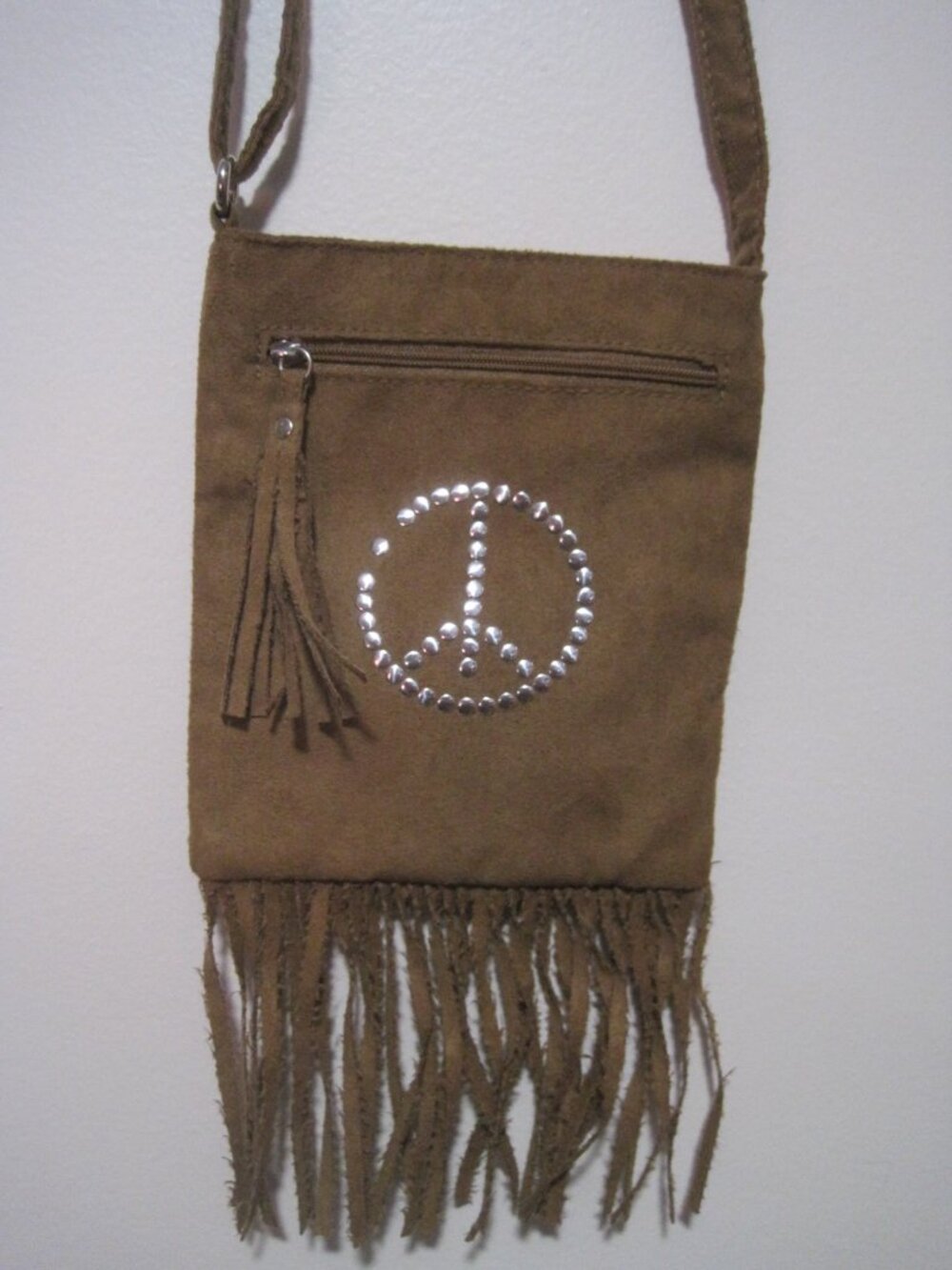 Justice Brown Suede Crossbody Shoulder Bag Hippie Peace Sign Fringe Whipstitch - Picture 2 of 4